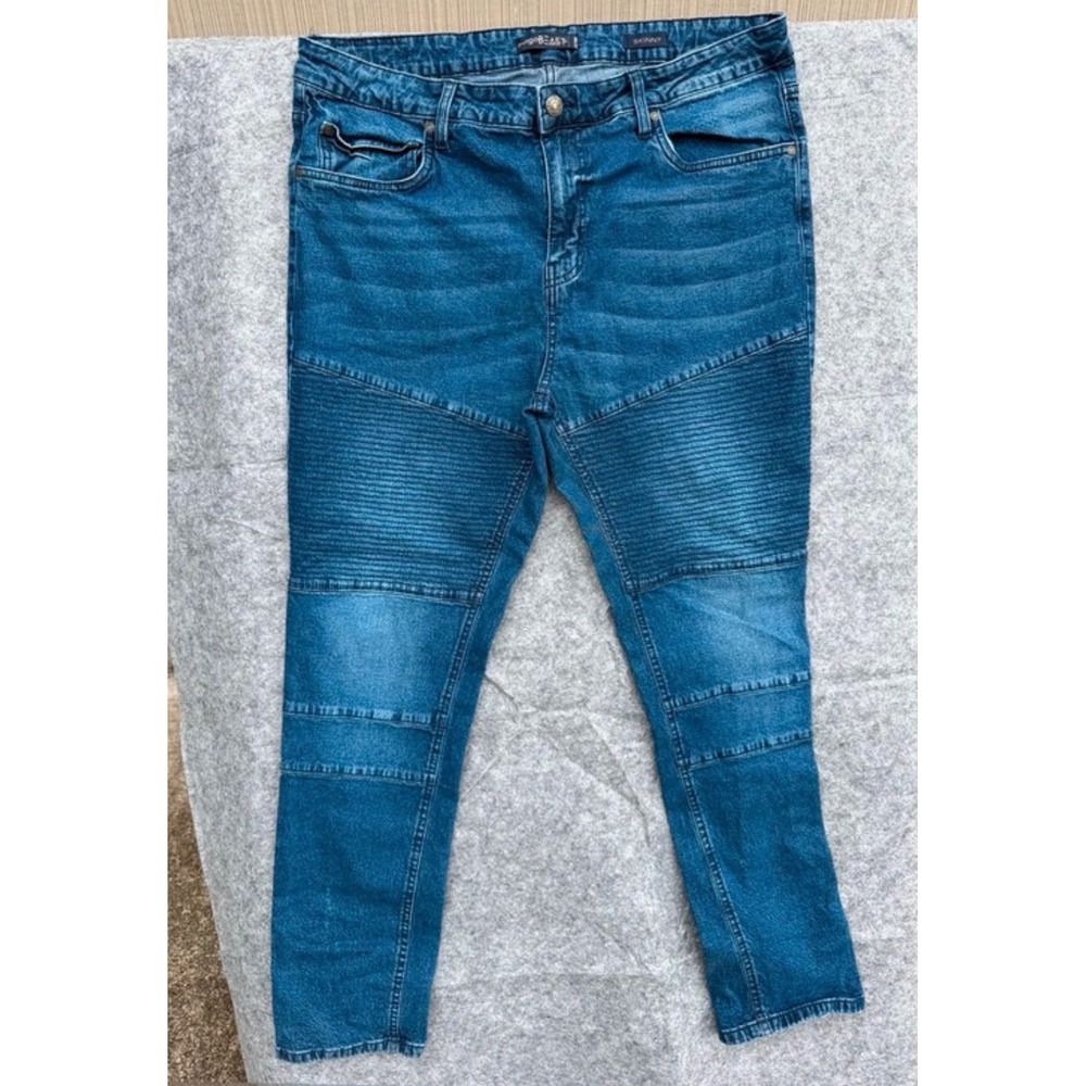 Indigo Beast Mens Skinny Moto Biker Jeans Blue Medium Wash Ribbed 40x32